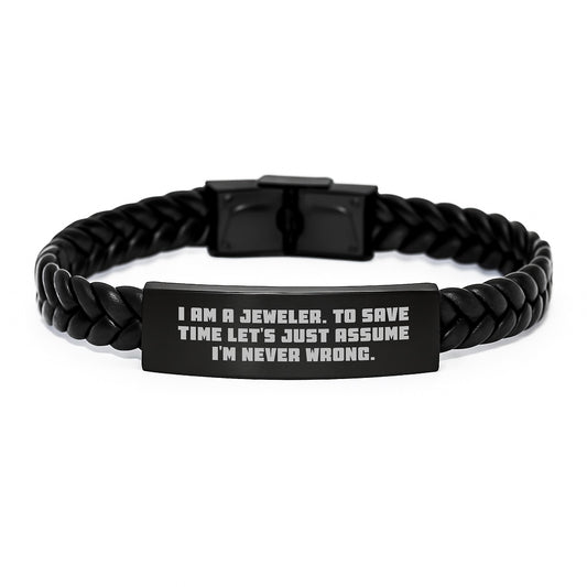 Jeweler's Gift Idea, Funny Quote Interlaced Leather Bracelet, Gifts from Men to Coworkers for Christmas, Engraved Stainless Steel and PU Leather - Image 1