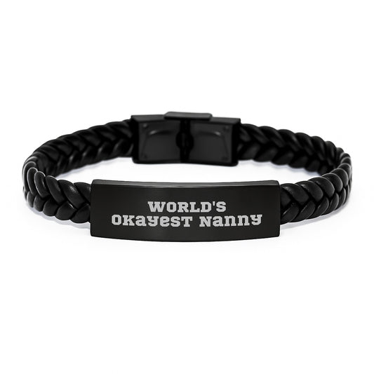 Funny Nanny Gifts from Men, Women, Friends, or Family - World's Okayest Nanny Interlaced Leather Bracelet, Christmas Unique Gifts for Nanny, Men, Women - Image 1