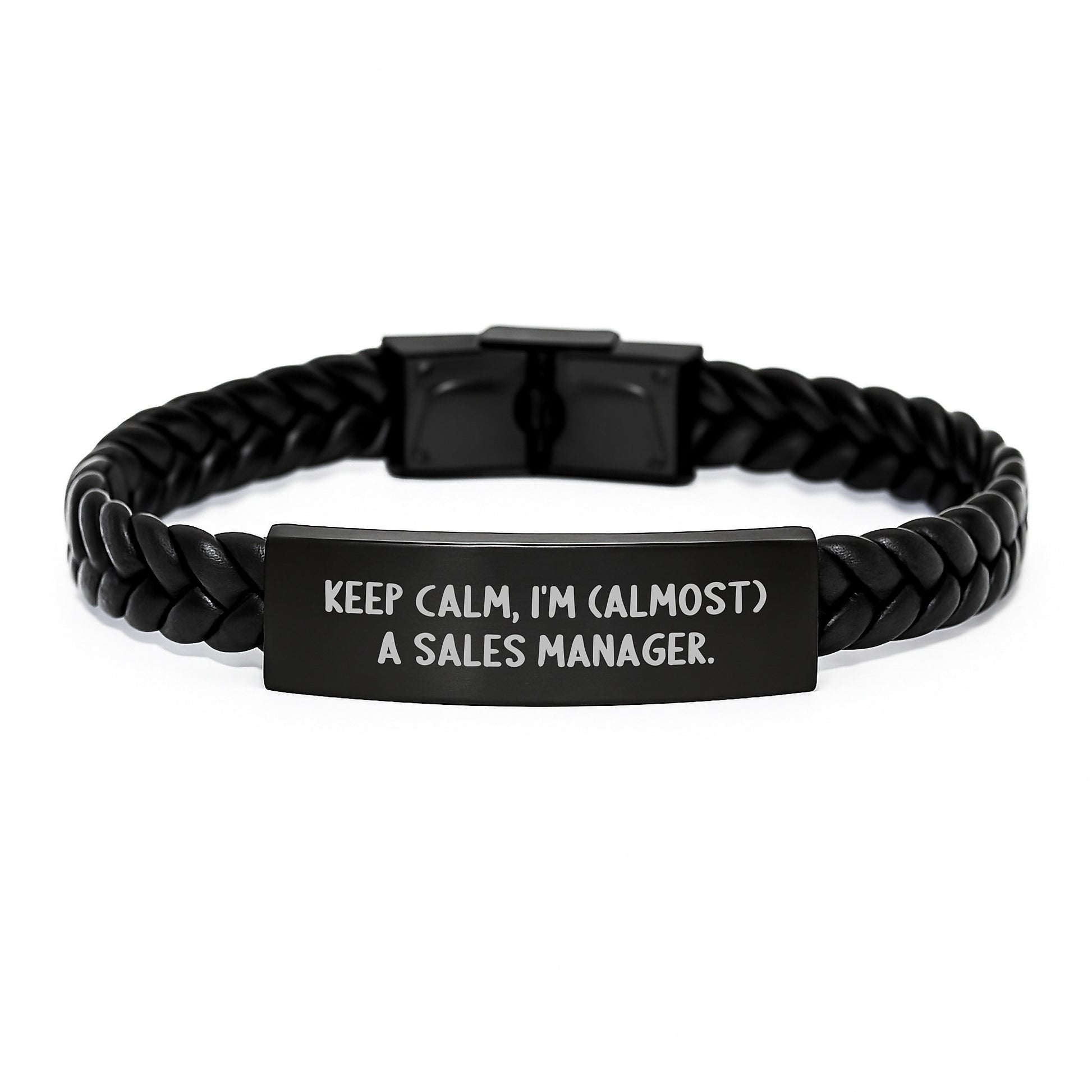 Funny Sales Manager Gifts, Interlaced Leather Bracelet, Keep Calm I'm (Almost) A Sales Manager - Gifts from Friends and Family for Christmas Unique Presents - Image 1