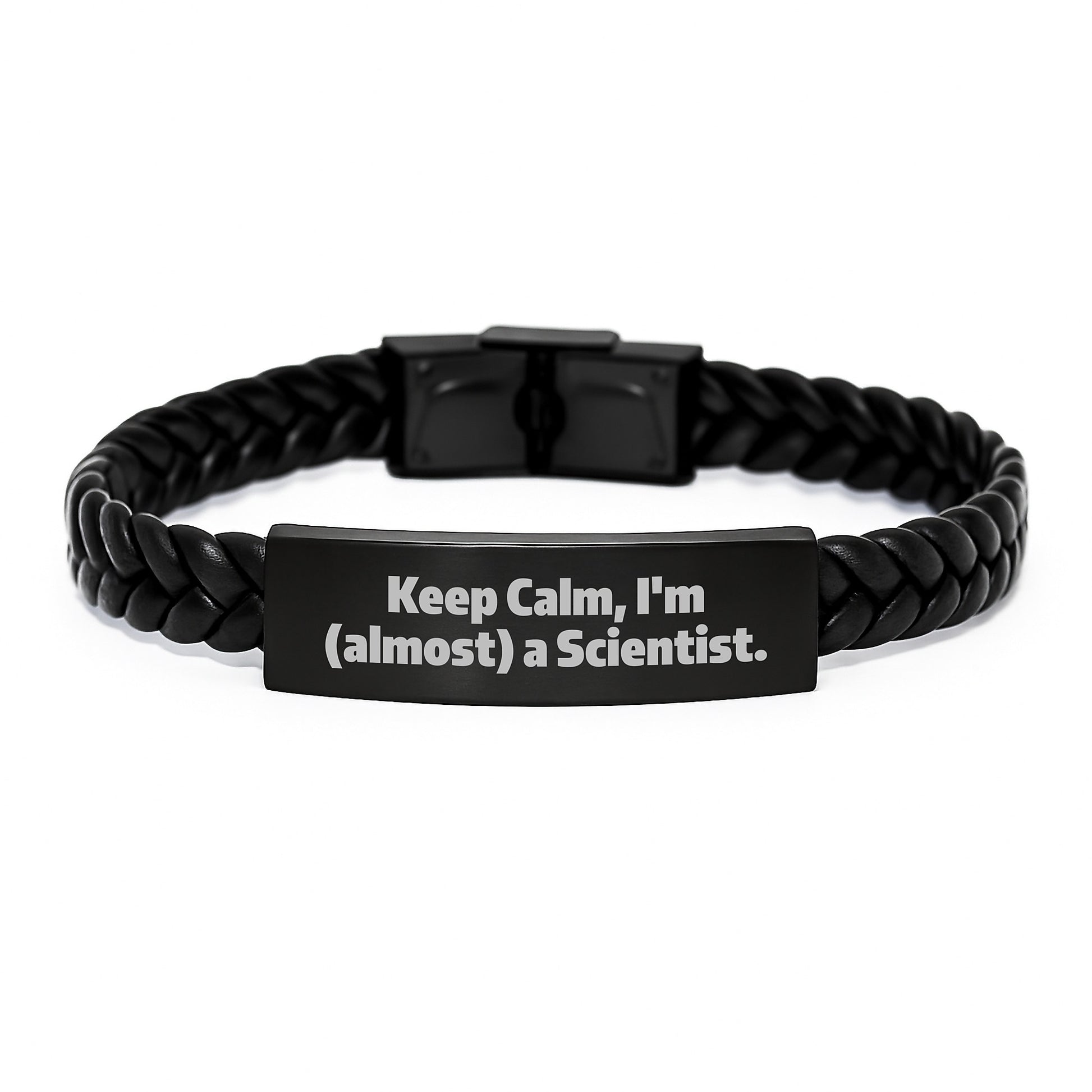 Funny Scientist Gifts for Him - Keep Calm I'm (almost) A Scientist Quote Interlaced Leather Bracelet, Gifts from Friends, Christmas Unique Gifts for Men - Image 1