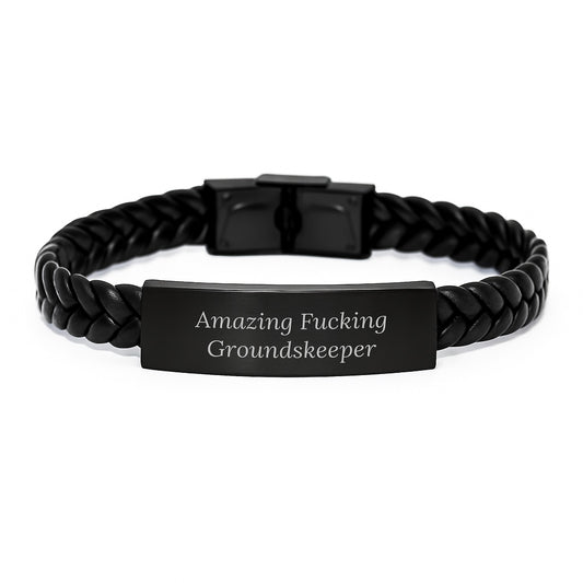 Funny groundskeeper Gifts from Men for groundskeeper, Interlaced Leather Bracelet with Quote 'Amazing F--king groundskeeper', Christmas Unique Gifts - Image 1