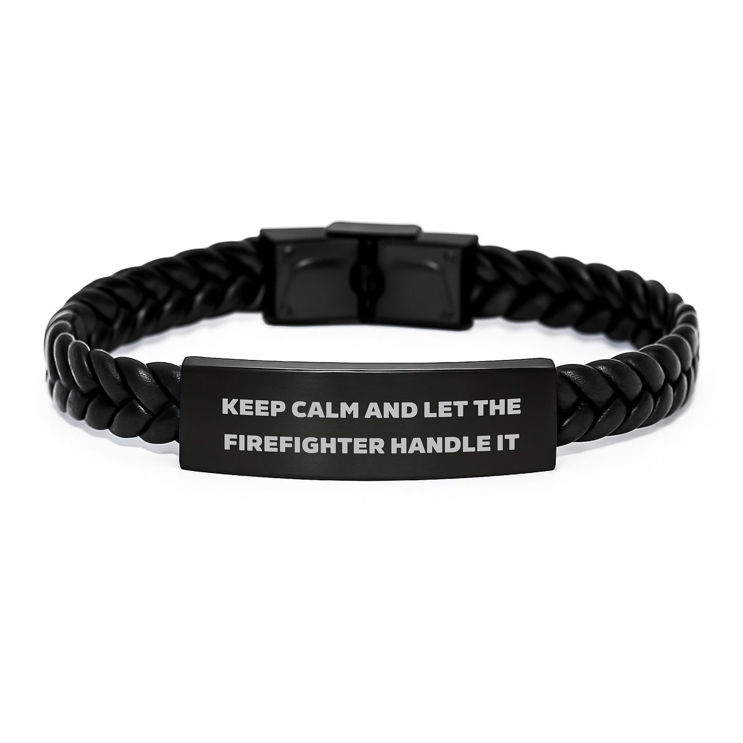 Funny Firefighter Gifts from Friends for Men - Interlaced Leather Bracelet with Keep Calm And Let The Firefighter Handle It Quote - Christmas Unique Presents for Firefighters - Image 1