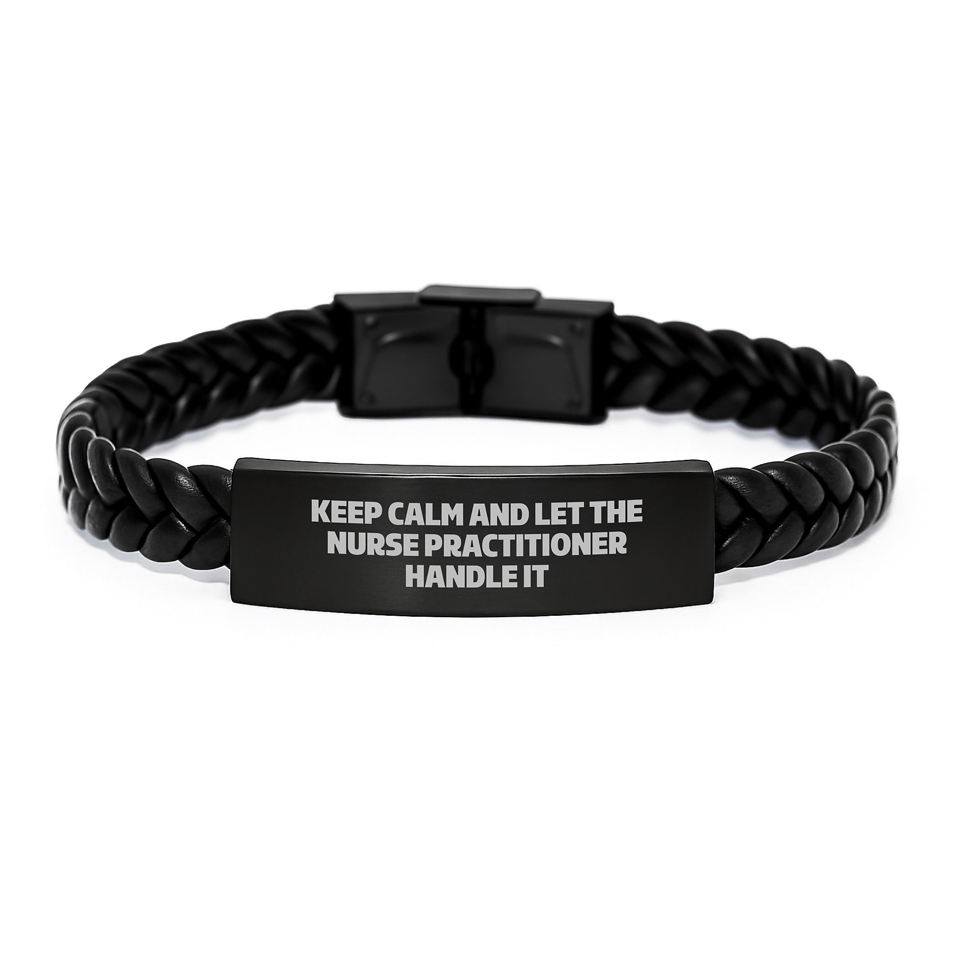 Funny Nurse Practitioner Gifts for Christmas, Interlaced Leather Bracelet with 'Keep Calm And Let The Nurse Practitioner Handle It' Quote, Gifts from Friends to Family - Image 1