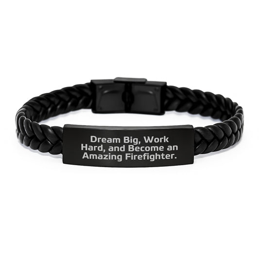 Inspiring Firefighter Gifts for Men - 'Dream Big, Work Hard' Interlaced Leather Bracelet, Christmas Unique Presents from Friends, Stainless Steel and PU Leather Combination - Image 1