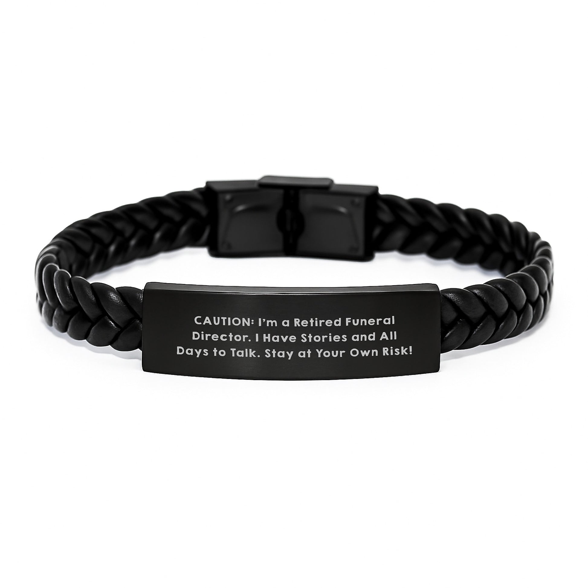 Funny Funeral Director Gifts, Interlaced Leather Bracelet for Men, 'Caution: I'm A Retired Funeral Director... Stay At Your Own Risk!' Birthday Unique Gifts for Funeral Director Friends - Image 1