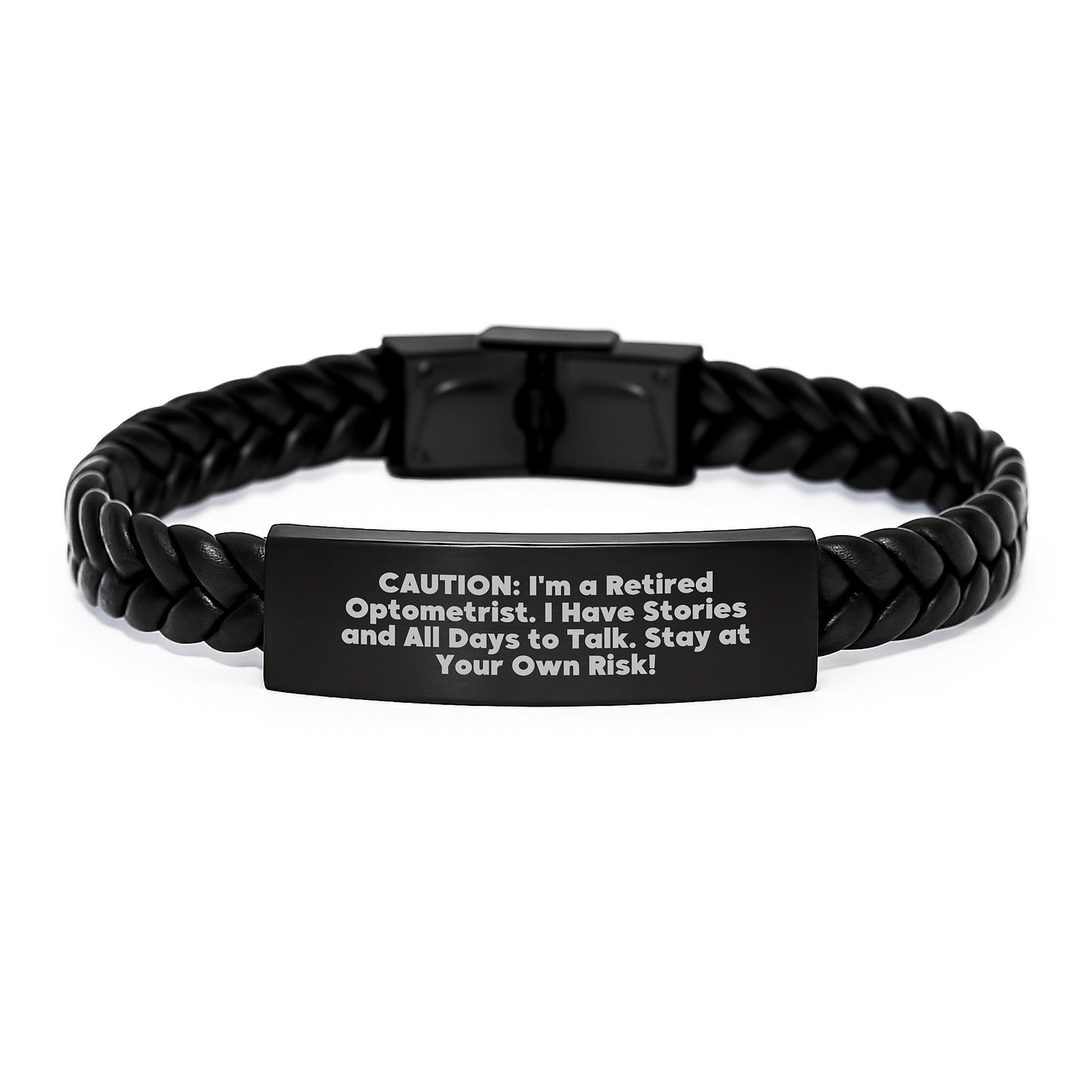 Funny Optometrist Gifts, Interlaced Leather Bracelet for Graduation - 'Caution: I'm A Retired Optometrist...' - Gifts from Friends and Family - Image 1