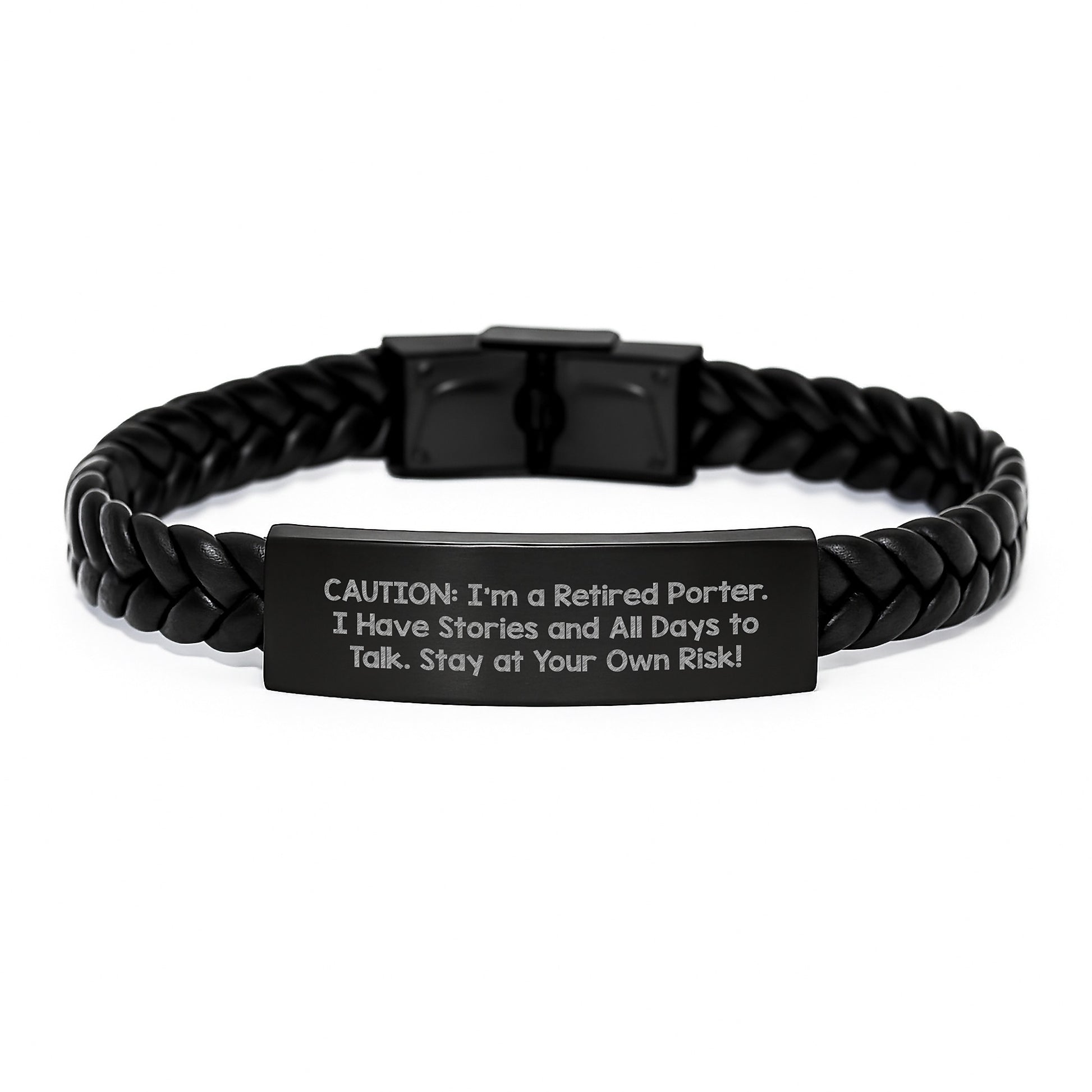 Porter Tale Interlaced Leather Bracelte, Gifts from Friends, Unique Graduation Gifts for Retired Porter, 'Caution: I'm A Retired Porter...' - Image 1
