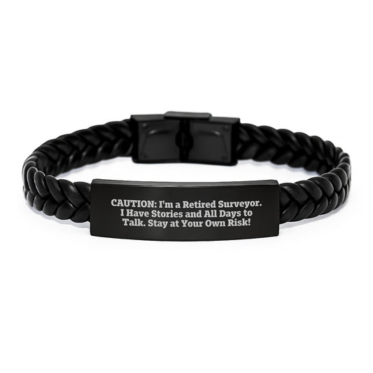 Funny Surveyor Gifts from Men - Christmas Unique Interlaced Leather Bracelet for Surveyor Friends - 'Caution: I'm A Retired Surveyor' - Image 1