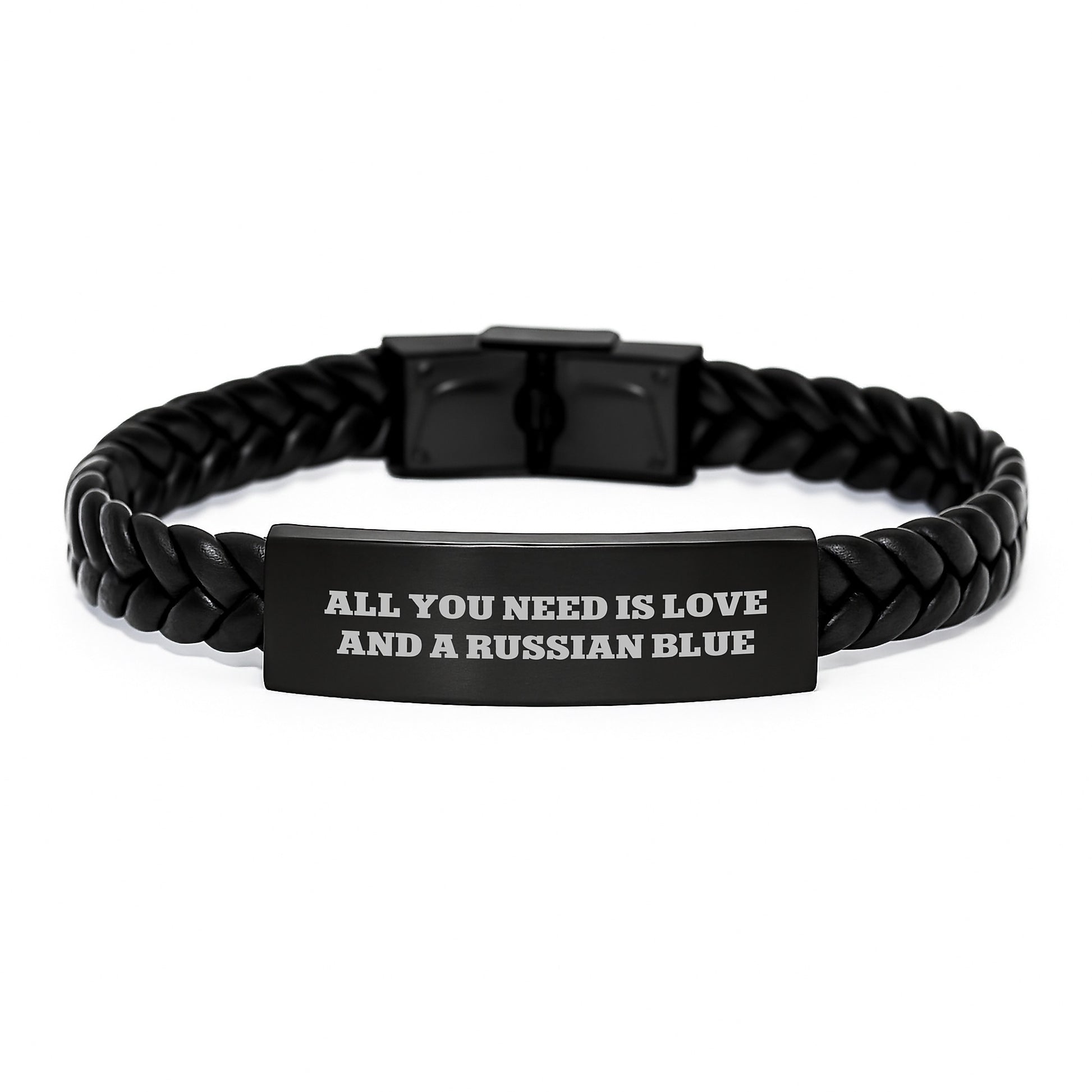 Russian Blue Cat Enthusiast Gifts, Interlaced Leather Bracelet, Quotes 'All You Need Is Love And A Russian Blue' for Men or Women, Birthday Unique Gifts from Friends, Family, or Coworkers - Image 1