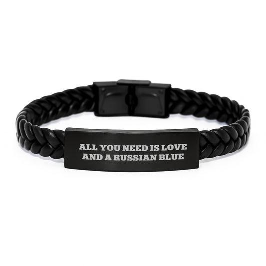 Russian Blue Cat Enthusiast Gifts, Interlaced Leather Bracelet, Quotes 'All You Need Is Love And A Russian Blue' for Men or Women, Birthday Unique Gifts from Friends, Family, or Coworkers - Image 1