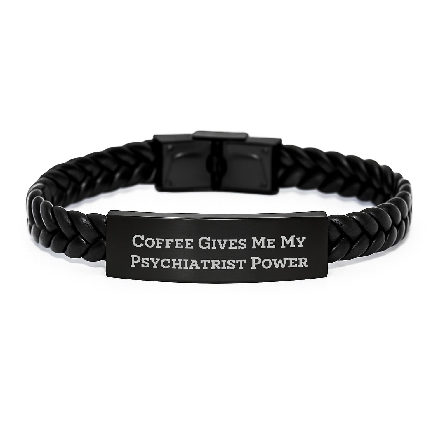 Funny Psychiatrist Gifts from Men to Women, Christmas Unique Interlaced Leather Bracelet with Coffee Gives My Psychiatrist Power Quote, Stainless Steel and PU Leather - Image 1