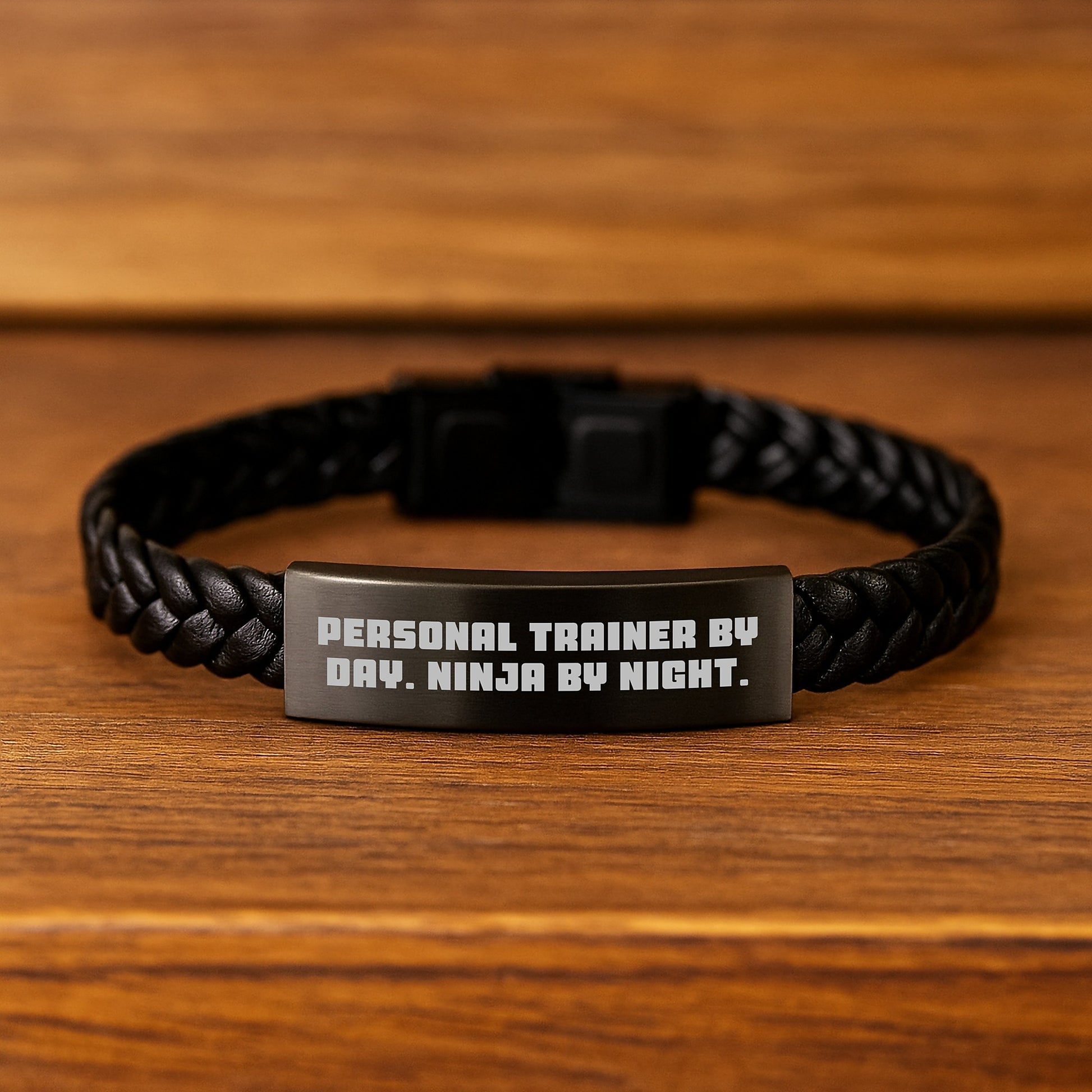 Personal Trainer Gifts, Interlaced Leather Bracelet, Funny Quote, 'Personal Trainer By Day. Ninja By Night.' - Gifts from Friends to Personal Trainer, Birthday Unique Giving - Image 2
