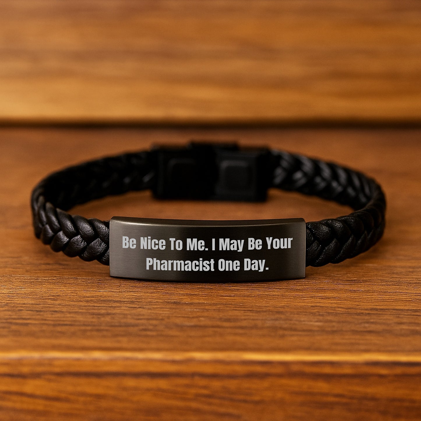 A Funny Gift for Your Favorite Pharmacist, Birthday Unique Gifts from Friends to Coworkers - Interlaced Leather Bracelet with Engraved Stainless Steel - Image 2