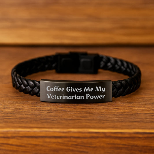 'Coffee Gives Me My Veterinarian Power', Funny Veterinarian Gifts for Men, Women, Coworkers, Family - Unique Birthday Interlaced Leather Bracelet from Friends Gifts for Veterinarian - Image 2