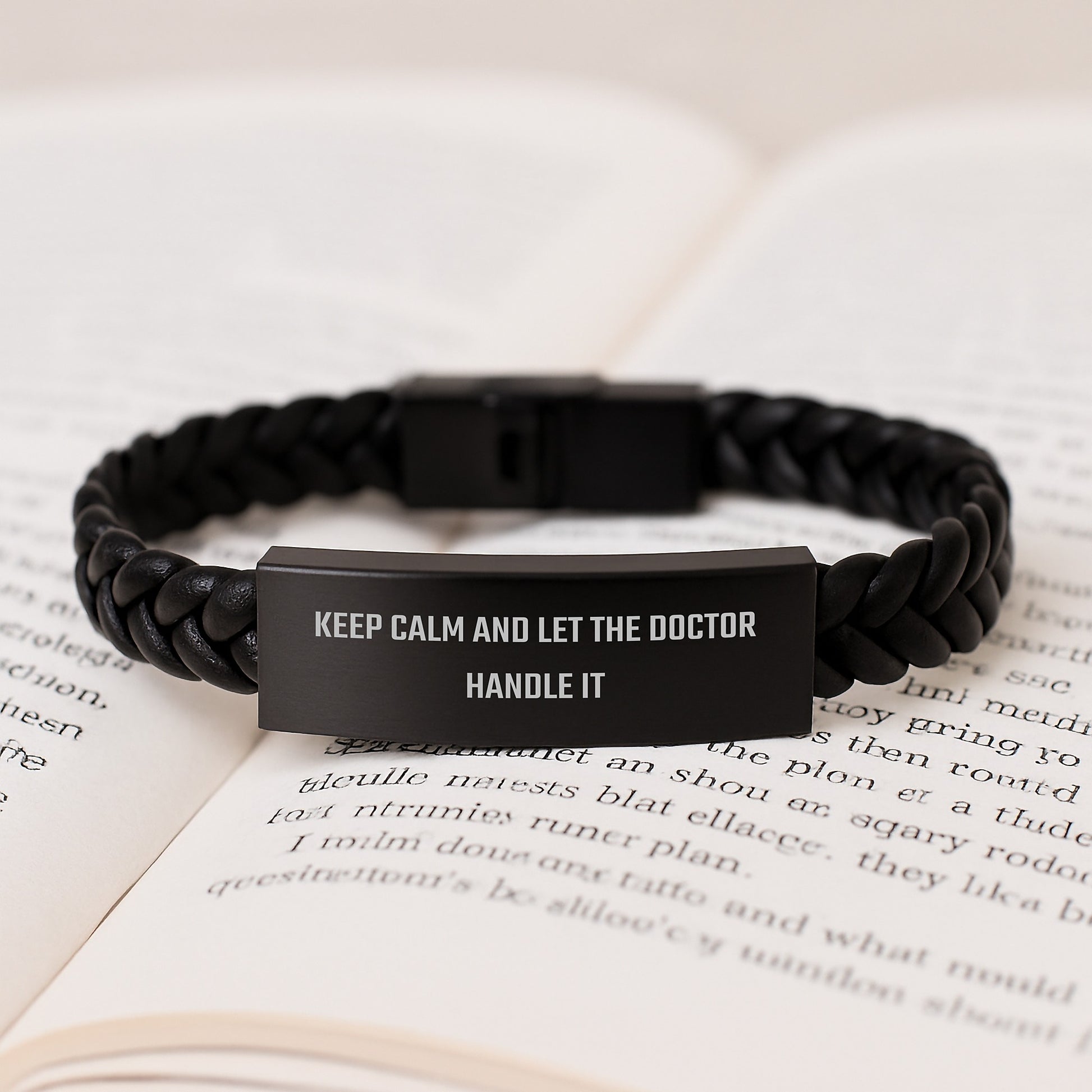 Funny Inspirational Doctor Gifts from Men for Christmas Unique Gifts - Interlaced Leather Bracelet, 'Keep Calm And Let The Doctor Handle It' Quote - Image 3