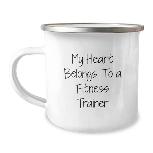 Funny Fitness Trainer Gifts from Friends - 'My Heart Belongs To A Fitness Trainer' Camping Mug for Birthday, Unique Gifts for Women or Men - Image 1