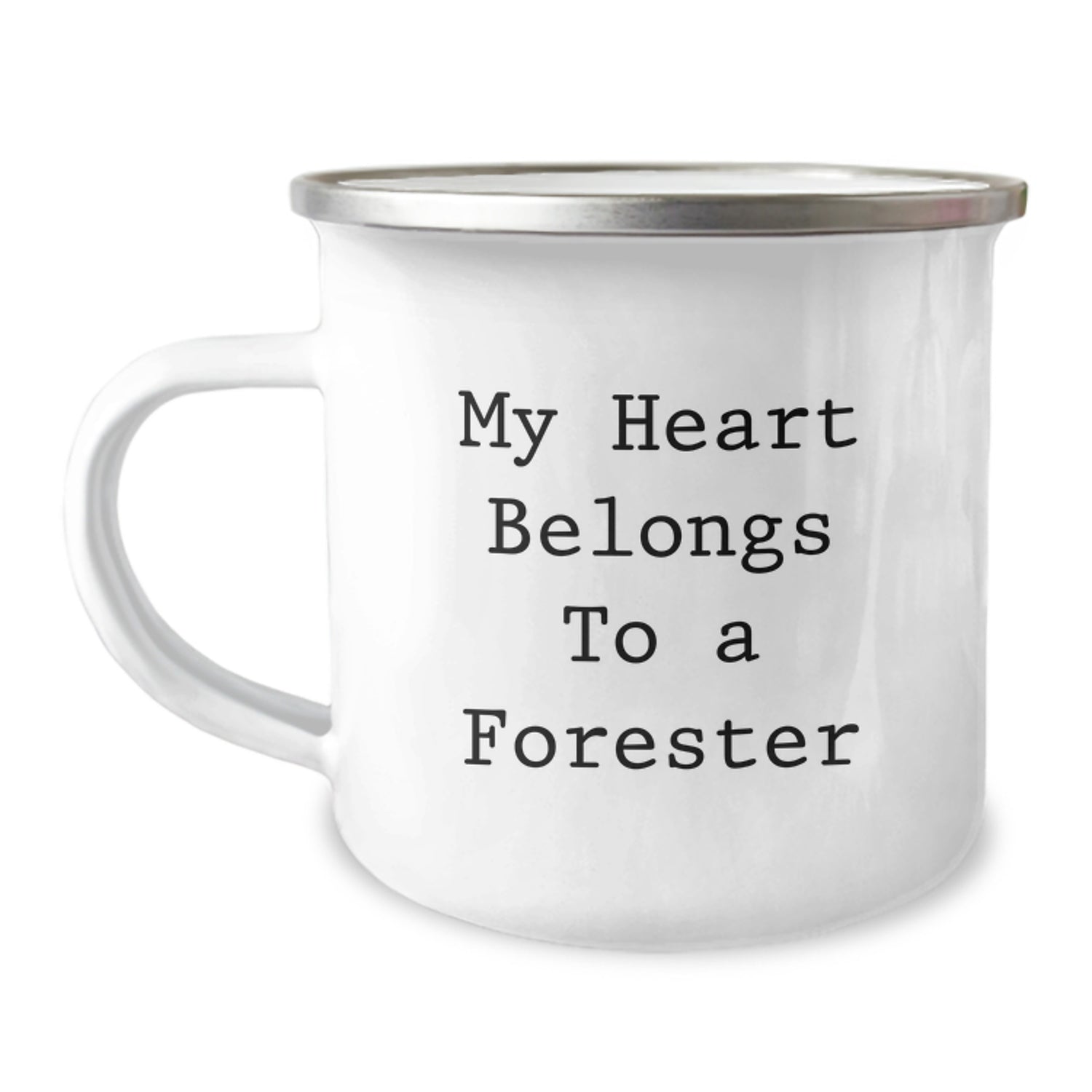 Funny Forester Camping Mug, Gifts from Friends for a Birthday, 'My Heart Belongs To A Forester' - 12 oz Stainless Steel with Enamel Finish - Image 1