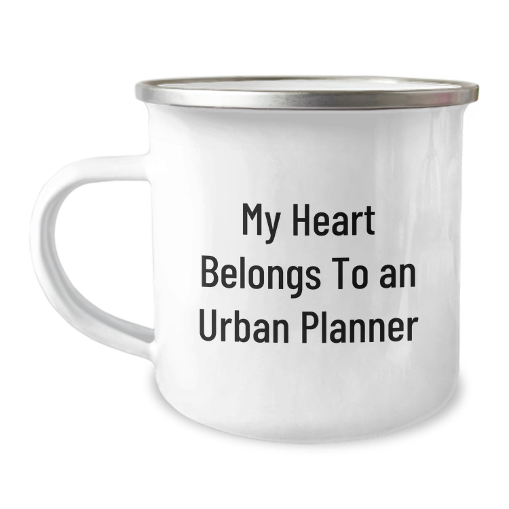 Funny Urban Planner Gifts from Friends for Birthday - My Heart Belongs To An Urban Planner Camping Mug, 12 oz Stainless Steel Enamel Finish - Image 1