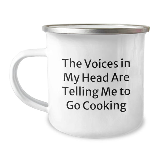 Funny Camping Mug for Cooking Enthusiasts Gifts from Men to Friends, Perfect Birthday Unique Gift for Women who Love Cooking, The Voices In My Head Are Telling Me To Go Cooking - Image 1