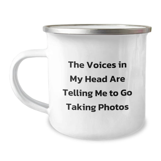 Funny Taking Photos Gifts for Men, Unique Christmas Mugs for Camping Enthusiasts, 'The Voices In My Head Are Telling Me To Go Taking Photos' Funny Quote on Stainless Steel Camping Mug - Image 1