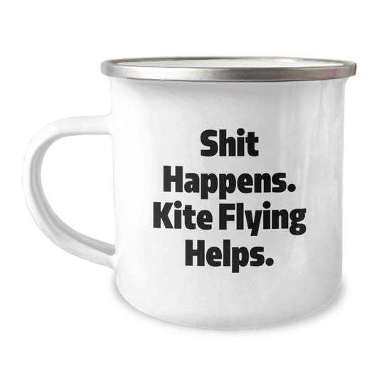 Kite Flying Gifts for Men from Friends, 'Shit Happens. Kite Flying Helps.' Funny Camping Mug, Graduation Unique Gifts - Image 1