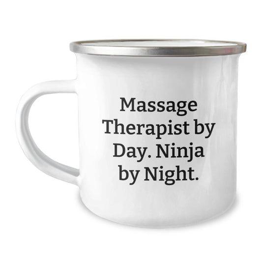 Massage Therapist Gifts from Friends, Funny Camping Mug for Birthday, 'Massage Therapist By Day. Ninja By Night.' - 12 oz Stainless Steel with Enamel Finish - Image 1