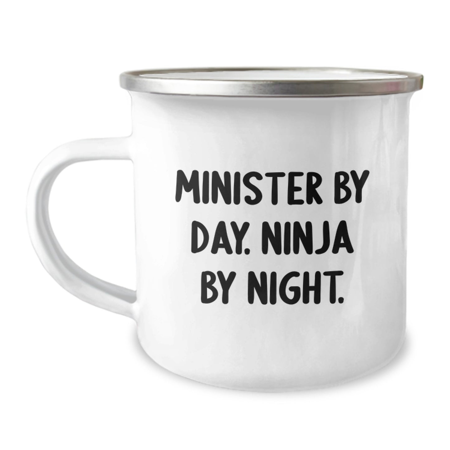 Minister Mug Gifts from Friends and Family for Birthday - 'Minister By Day. Ninja By Night.' Funny Quote, 12 oz Stainless Steel with Enamel Finish, Unique Camping Mug - Image 1