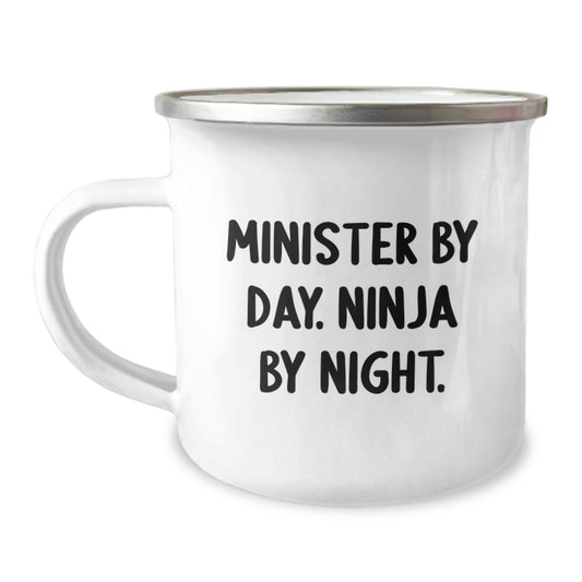 Minister Mug Gifts from Friends and Family for Birthday - 'Minister By Day. Ninja By Night.' Funny Quote, 12 oz Stainless Steel with Enamel Finish, Unique Camping Mug - Image 1