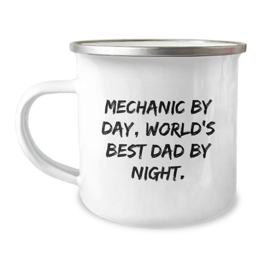 Mechanic Gifts from Men, Unique Camping Mug for Graduation, 'Mechanic By Day, World's Best Dad By Night.' Quote, 12 oz Stainless Steel with Enamel Finish - Image 1