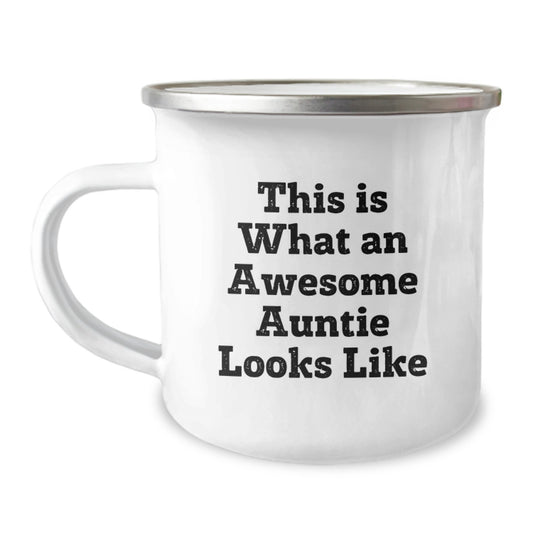 Funny Auntie Gifts from Family - This Is What An Awesome Auntie Looks Like, 12 oz Camping Mug for Birthday - Image 1