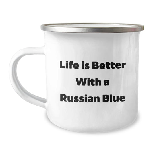 Russian Blue Cat Lovers Gifts from Family to Friends, Funny Camping Mug for Graduation, 'Life Is Better With A Russian Blue' Quote - Image 1