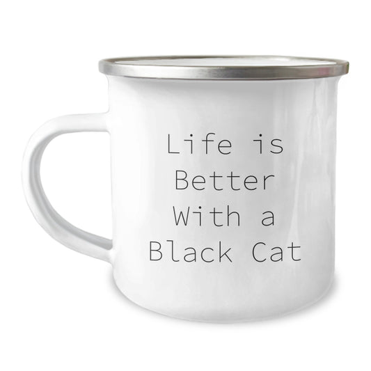 Funny Black Cat Gifts for Men from Friends on Graduation - Life Is Better With A Black Cat, Camping Mug - Image 1