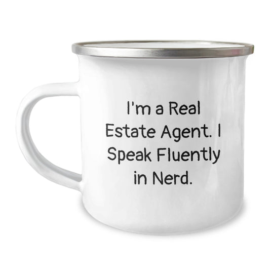 Funny Real Estate Agent Gifts from Friends, Unique Birthday Unique Gifts for Real Estate Agent, I'm A Real Estate Agent. I Speak Fluently In genius., Camping Mug, 12 oz Stainless Steel - Image 1