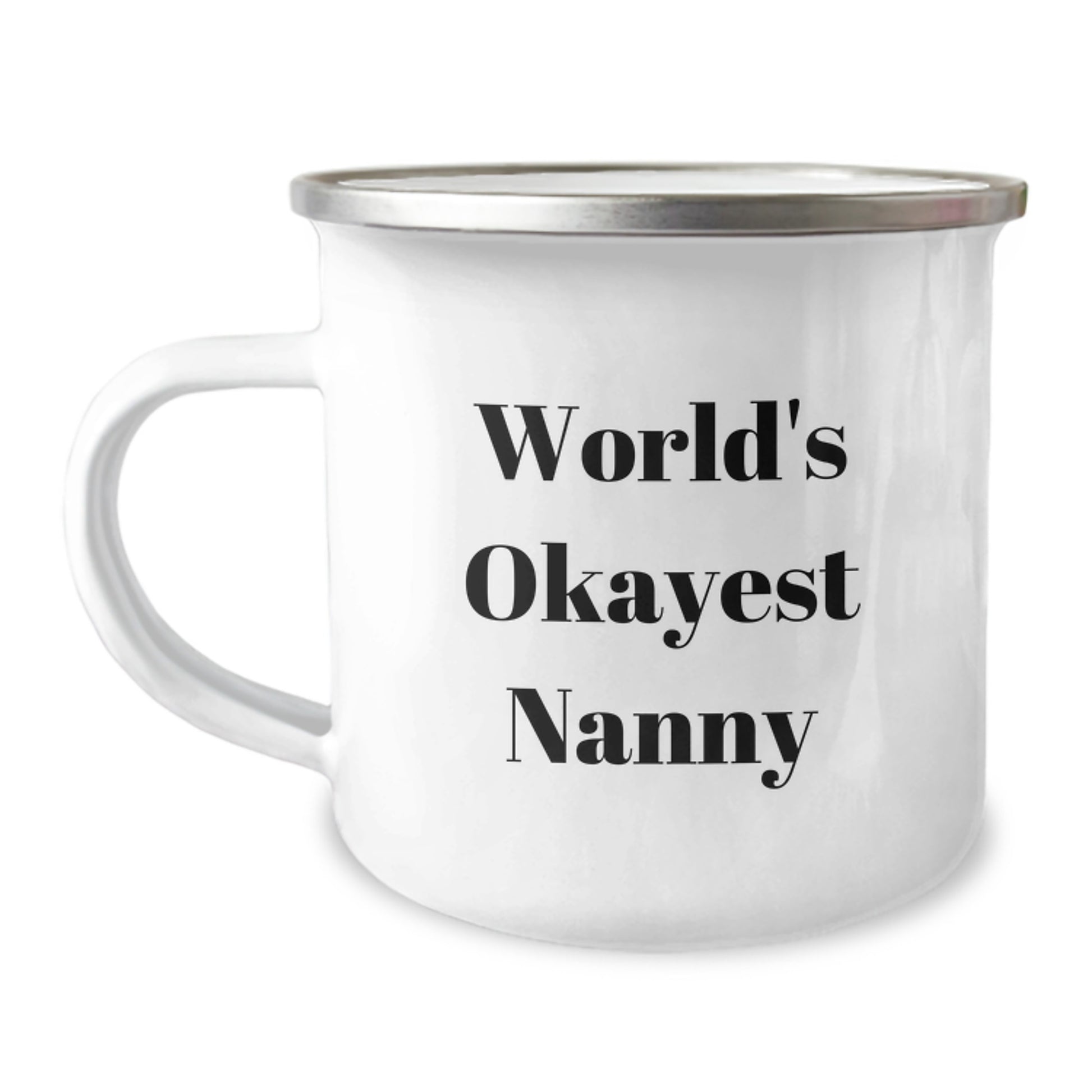 Funny Nanny Gifts for Christmas - 'World's Okayest Nanny' Camping Mug, Stainless Steel with Enamel Finish, Perfect Nanny Present from Friends or Family, Unique Nanny Mug - Image 1