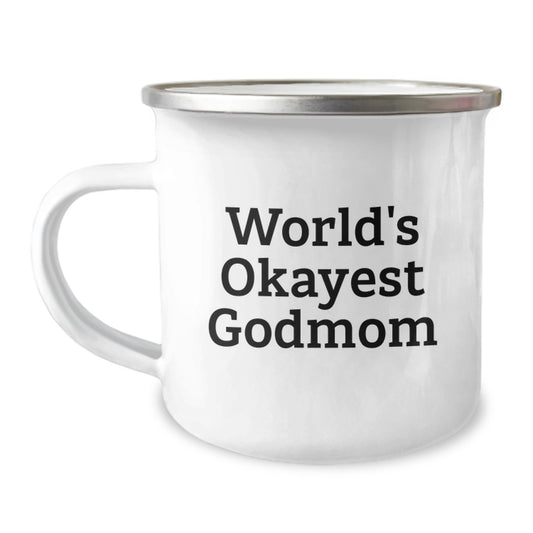 Funny Godmom Gifts from Men to World's Okayest Godmom Camping Mug, Christmas Unique Gifts, Best Camping Mug for Godmom, Funny Camping Mug, Great Godmom Gift - Image 1