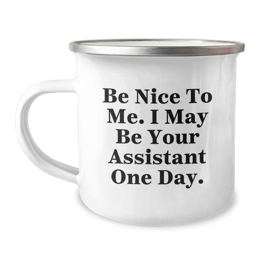 Funny Assistant Gifts from Friends to Coworkers - Be Nice To Me. I May Be Your Assistant One Day. Camping Mug, 12 oz Stainless Steel Funny Mug for Christmas Unique Gifts - Image 1