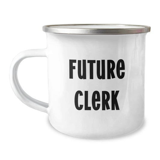 Funny Future Clerk Camping Mug Gifts from Friends for Birthday Morning - Image 1