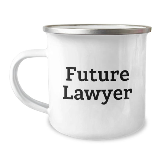 Funny Future Lawyer Birthday Unique Gifts from Friends - 'A Lawyer's Passion for Adventure Starts Here' Quote on Camping Mug - Image 1