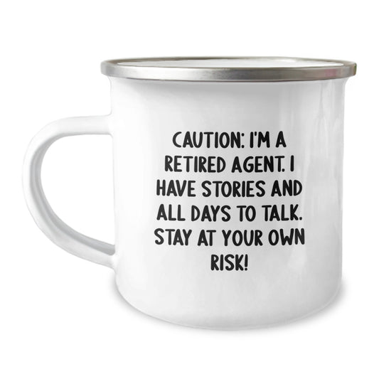 Fun Agent Gifts for Men, Funny Camping Mug, Caution: I'm A Retired Agent. I Have Stories And All Days To Talk. Stay At Your Own Risk!, Unique Christmas Unique Gifts for Agent Enthusiasts - Image 1