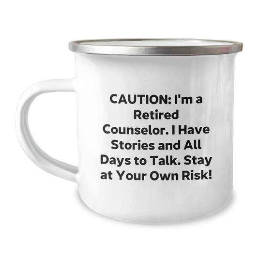 Counselor Gifts from Friends - 'Caution: I'm A Retired Counselor...' Funny Camping Mug for Graduation, Stainless Steel with Enamel Finish, 12 oz - Image 1