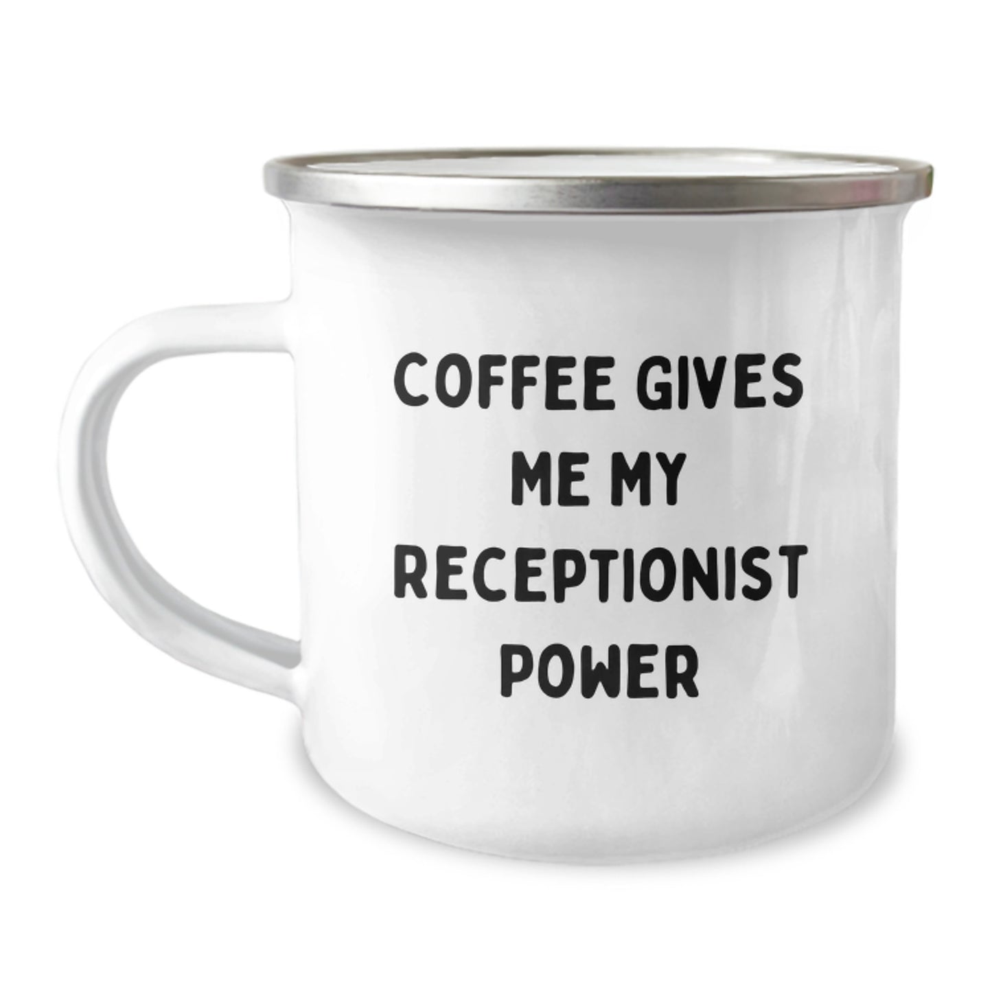 Funny Coffee Lovers Gifts for Receptionist, 'Coffee Gives Me My Receptionist Power' Enamel Camping Mug, Gifts from Friends, Birthday Unique Gifts - Image 1