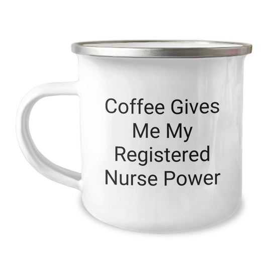 Funny Registered Nurse Gifts - 'Coffee Gives Me My Registered Nurse Power' Enamel Camping Mug for Birthday, Gifts from Friends and Family for Registered Nurse - Image 1