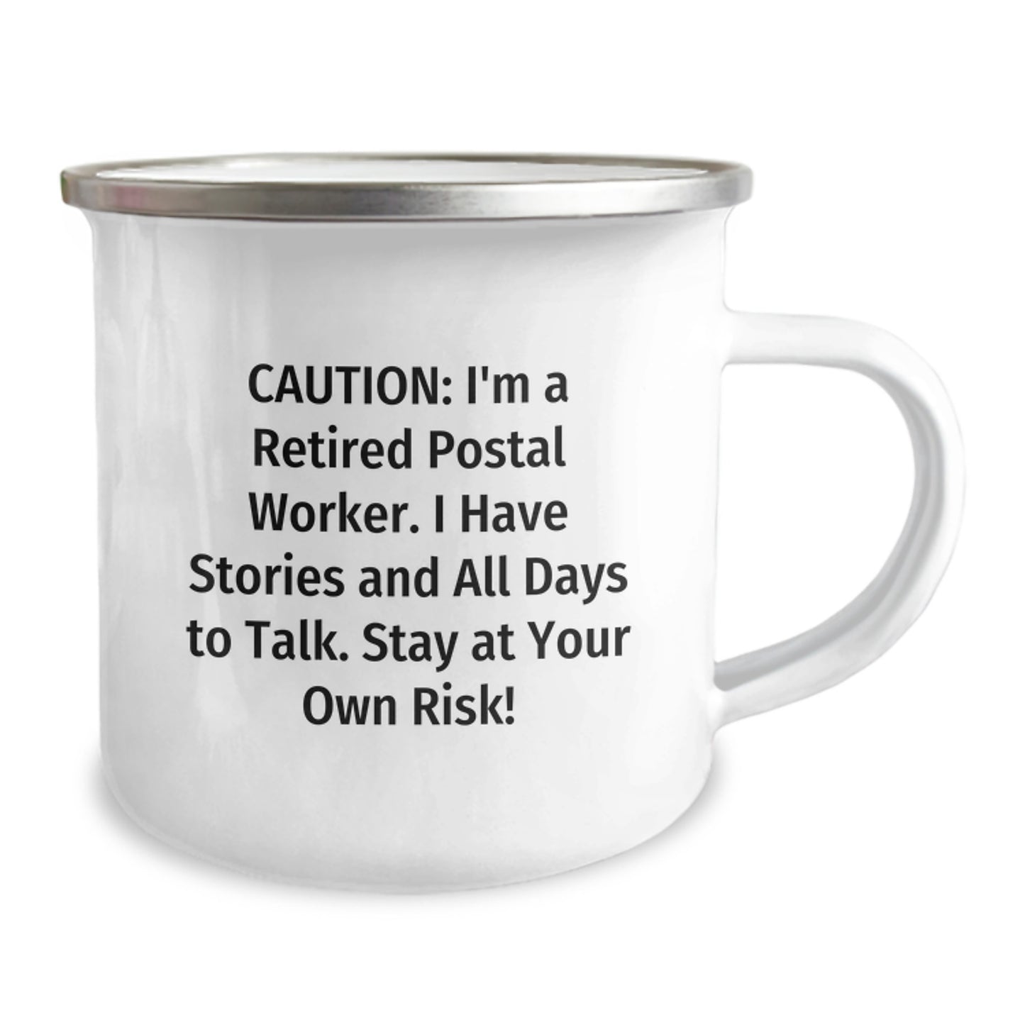 Funny Gifts from Family for Postal Worker Friends - Caution: He's Got Stories, Camping Mug for Men - Image 2