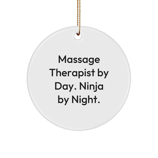 Massage Therapist Gifts - 'Massage Therapist By Day. Ninja By Night.' Circle Ornament, White, 2.75" tall, Christmas Unique Gifts from Friends to Family - Image 1