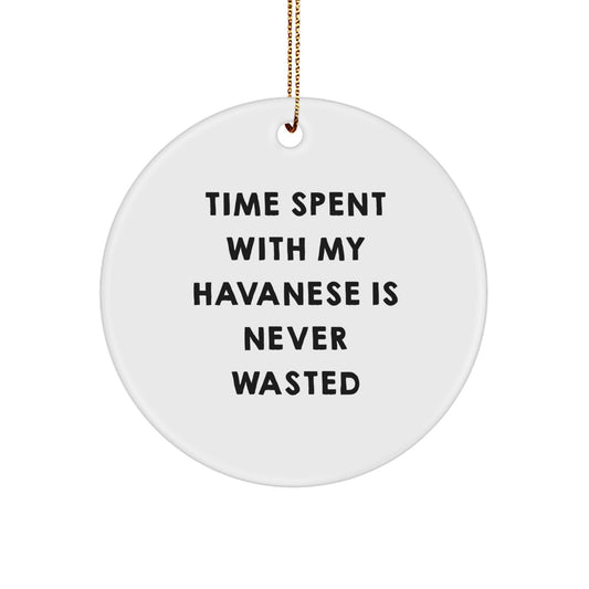 Havanese Dog Lover Gifts - 'Time Spent With My Havanese Is Never Wasted' Circle Ornament, White, Christmas Unique Gifts from Friends to Family - Image 1