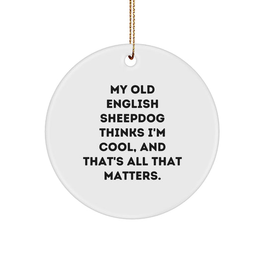 Funny Old English SheepDog Gifts from Men to Family - My Old English SheepDog Thinks I'm Cool, And That's All That Matters. Circle Ornament for Christmas - Image 1