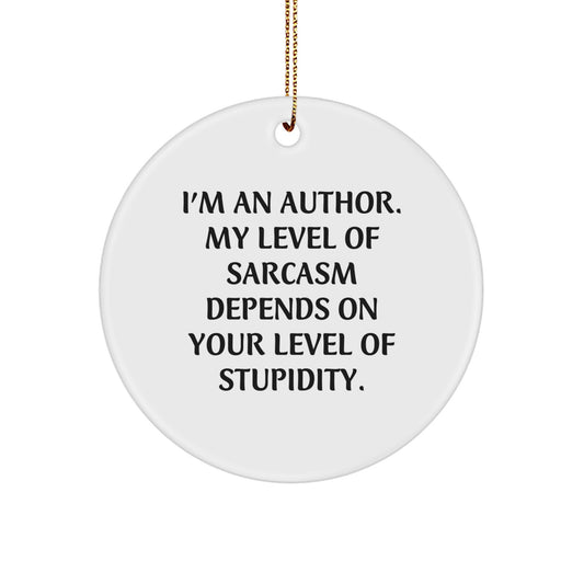 Funny Author Gifts from Friends, Christmas Circle Ornaments with Inspirational Quote 'I'm An Author. My Level Of Sarcasm Depends On Your Level Of Stupidity.' - Image 1