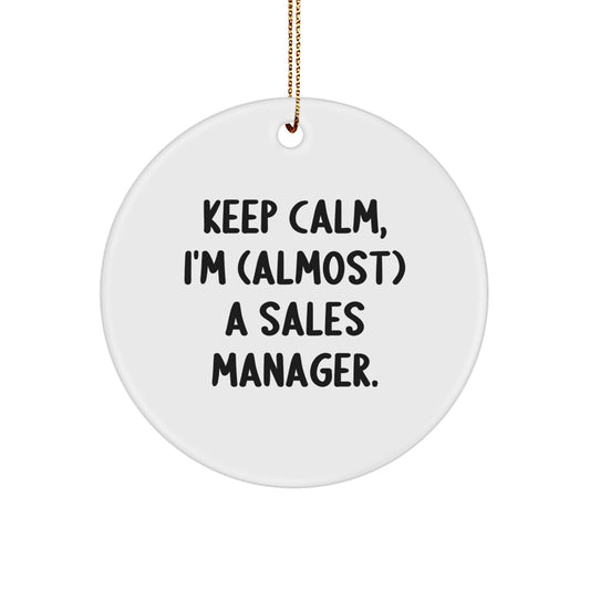 Funny Sales Manager Christmas Unique Gifts from Friends for Men, Cute Circle Ornament, 'Keep Calm I'm Almost A Sales Manager', Unique Office Decor - Image 1