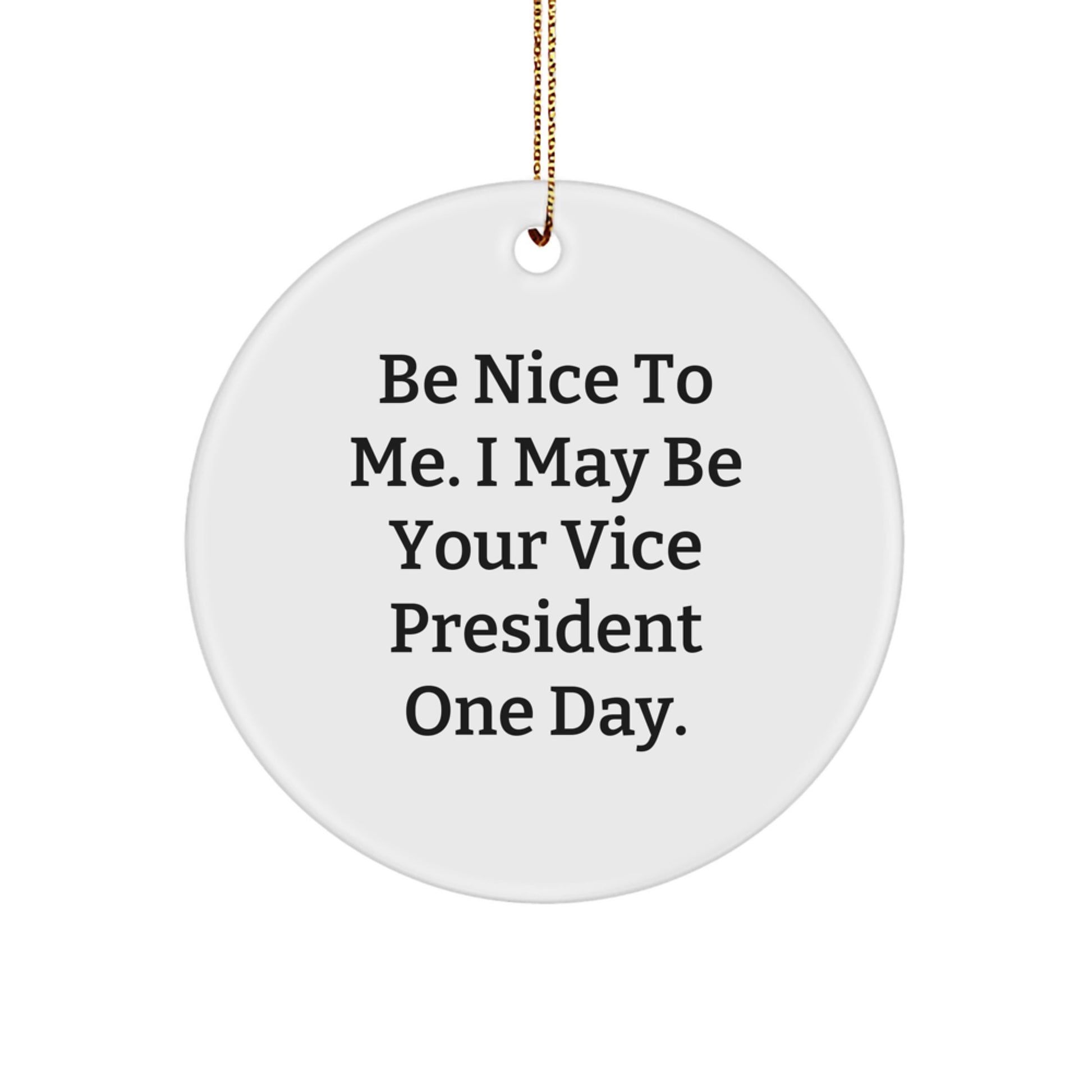 Funny Vice President Christmas Unique Gifts from Coworkers, Friends, or Family for Him, 'Be Nice To Me. I May Be Your Vice President One Day.' Circle Ornament - Image 1
