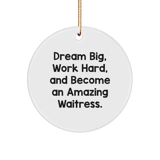 Funny Waitress Gifts from Friends - Dream Big, Work Hard, And Become An Amazing Waitress. Christmas Circle Ornament for Waitress - Image 1